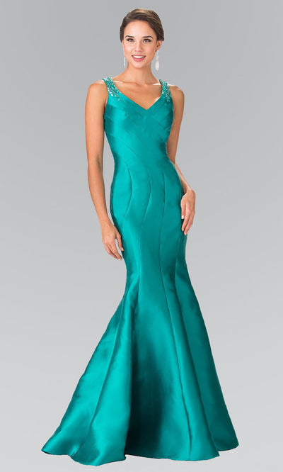 Elizabeth K GL2212 Sculpted V-Neck Mikado Trumpet Gown in Black - 1 pc Green in size 2XL Available CCSALE 2XL / Green