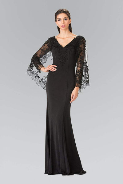 Elizabeth K - GL2235 Embroidered V-Neck Sheath Gown Special Occasion Dress XS / Black