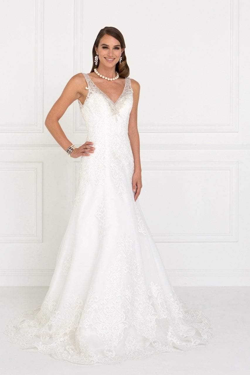 Elizabeth K Bridal - GL2376 Jeweled V-neck Mesh A-line Wedding Gown Special Occasion Dress XS / Ivory