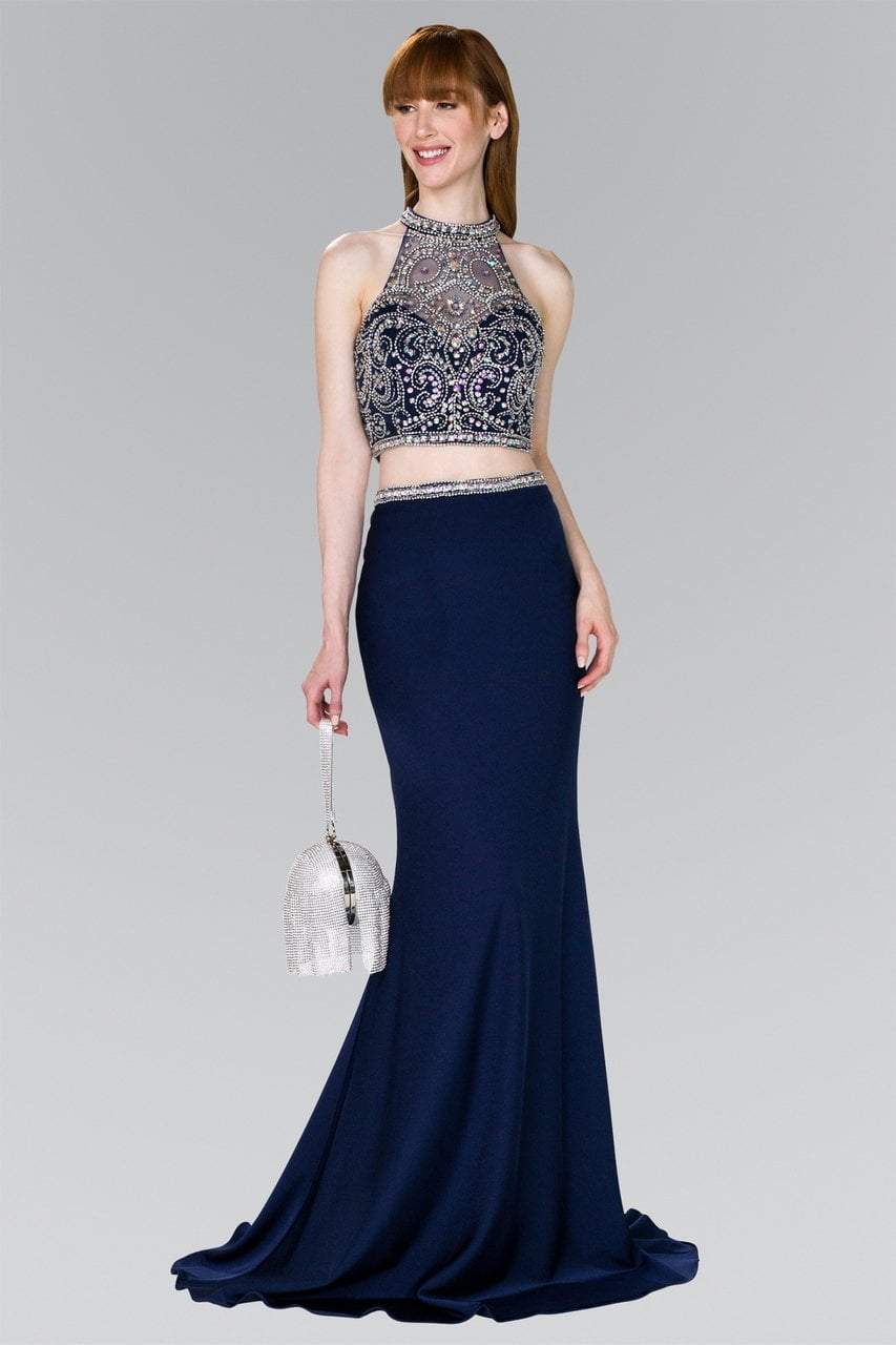 Elizabeth K - GL2424 Crystal Ornate Illusion High Neck Two-Piece Gown Special Occasion Dress XS / Navy