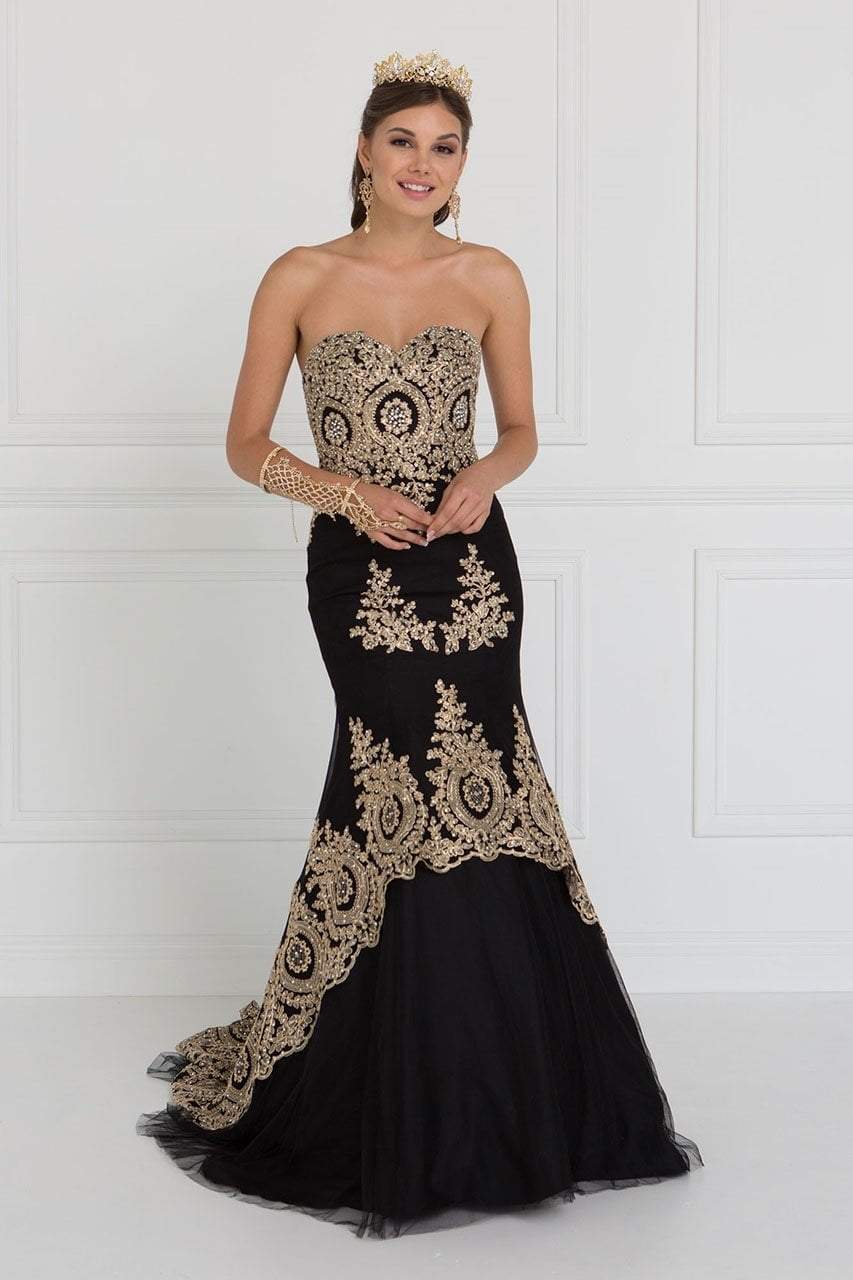 Elizabeth K - GL2428 Strapless Bejeweled Lace Bodice Trumpet Gown Special Occasion Dress XS / Black