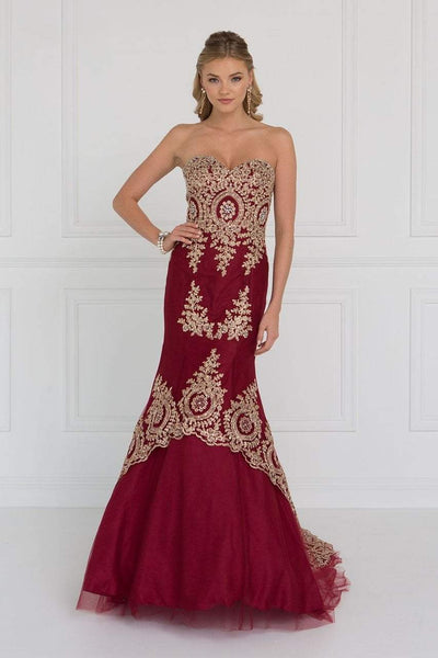 Elizabeth K - GL2428 Strapless Bejeweled Lace Bodice Trumpet Gown Special Occasion Dress XS / Burgundy