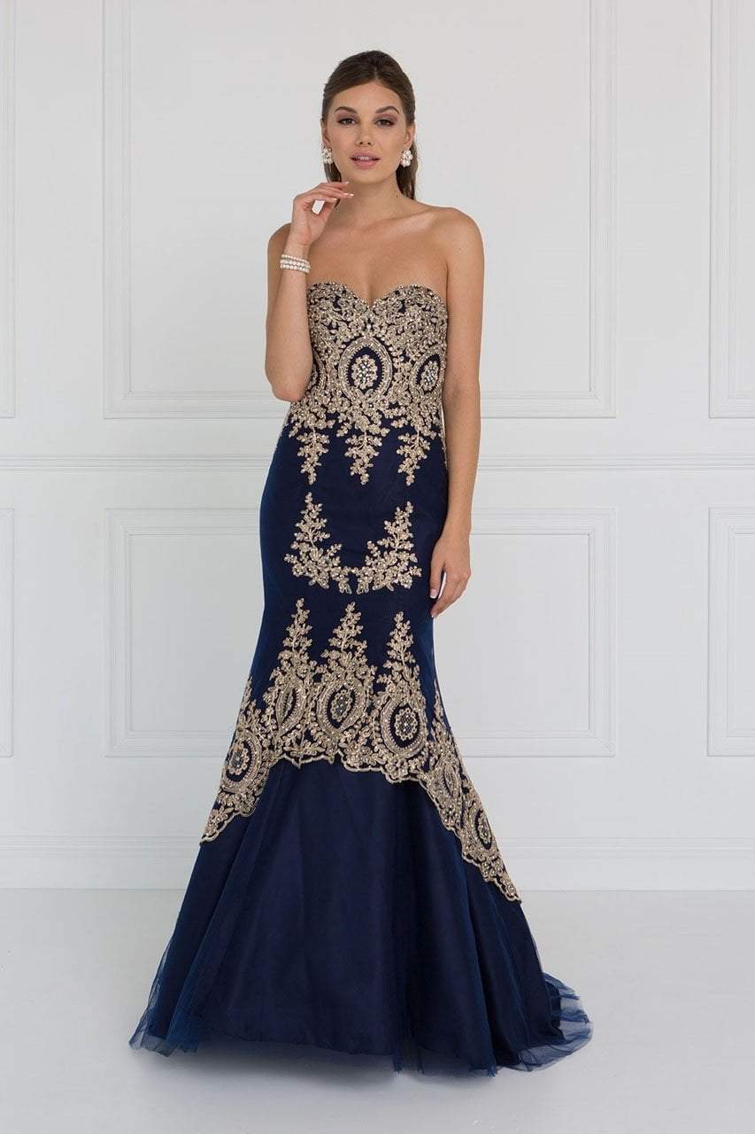Elizabeth K - GL2428 Strapless Bejeweled Lace Bodice Trumpet Gown Special Occasion Dress XS / Navy