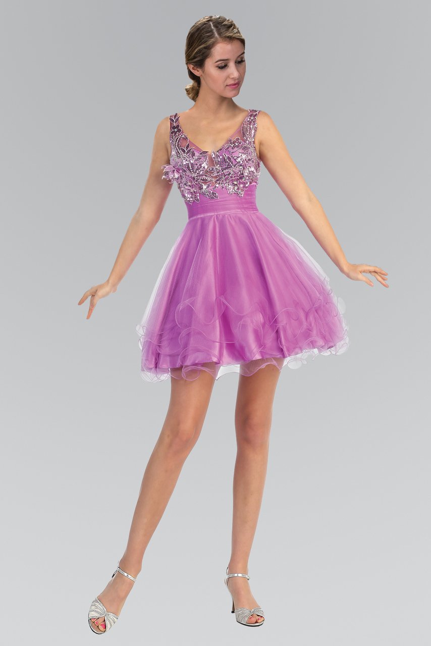 Elizabeth K - GS1126 Floral Applique V-Neck Tulle Dress Special Occasion Dress XS / Purple