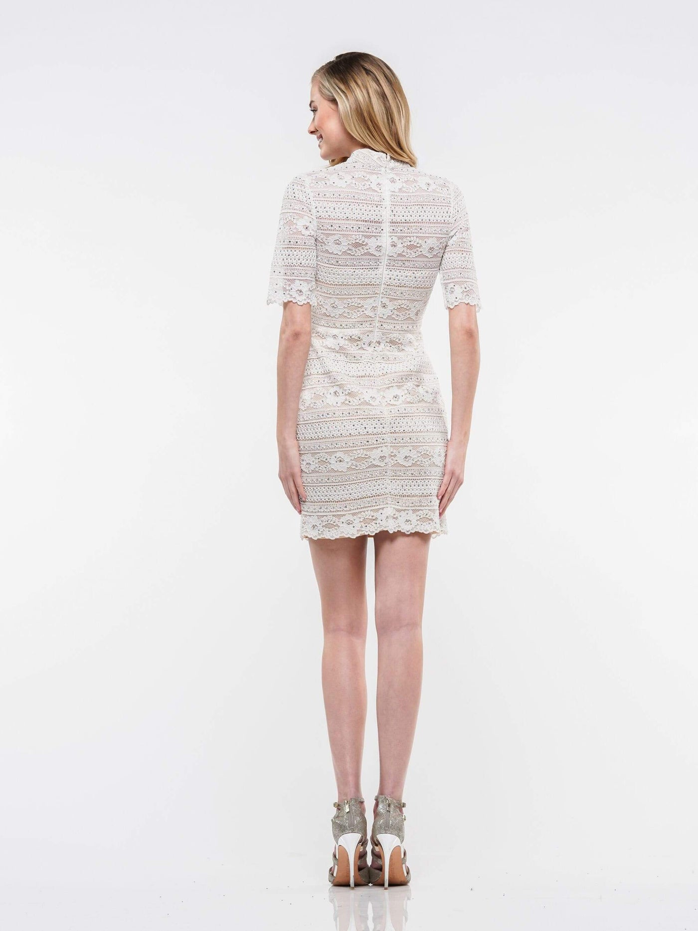 Colors Dress - 2162 Lace High Neck Sheath Dress in White