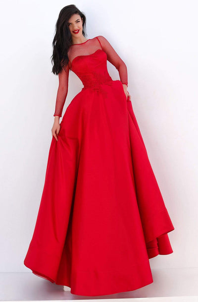 Tarik Ediz - 50679 Net Long Sleeve Pleated Ballgown Prom Dresses 0 / Red