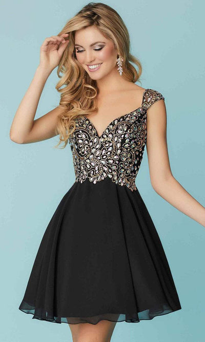 Tiffany Homecoming - Cap Sleeve Beaded A-Line Dress 27165SC In Black and Gold