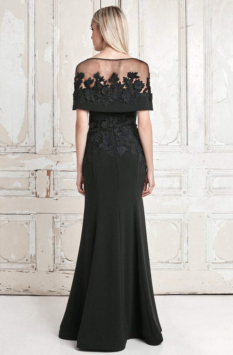 Daymor Couture - Floral Applique Sweetheart Sheath Dress With Cape 776 In Black