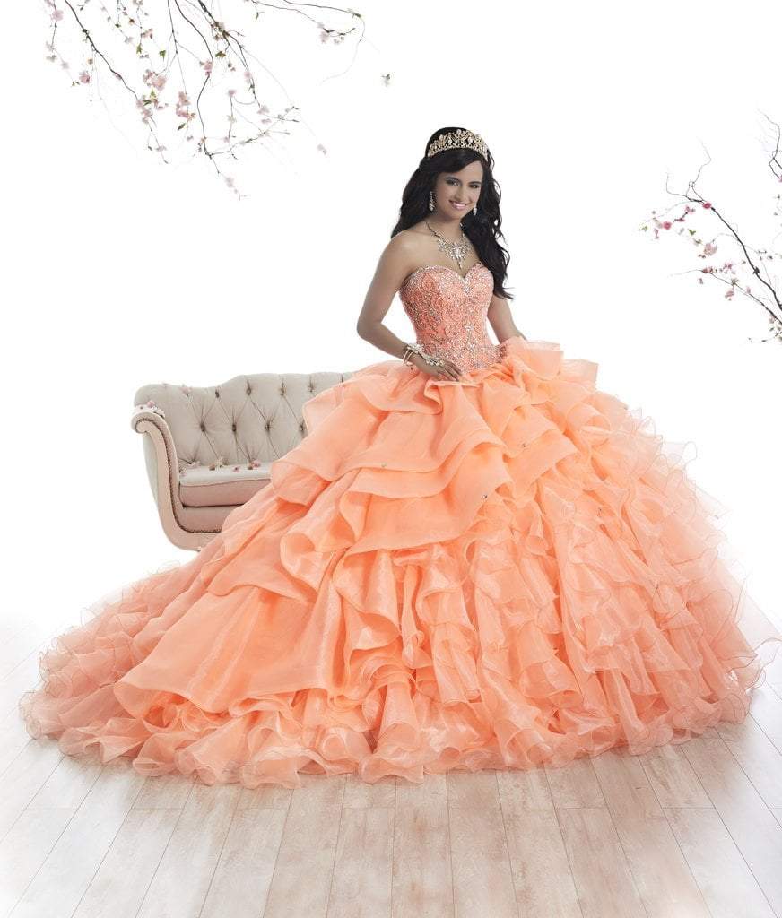 Quinceanera Collection - 26872 Beaded Strapless Ruffled Ballgown Special Occasion Dress 0 / Sherbet