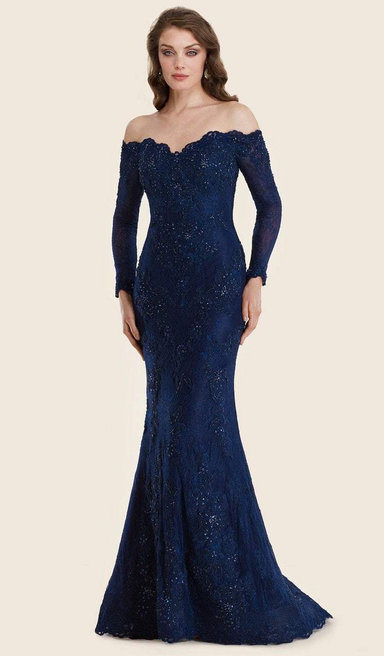 Rina Di Montella - RD2605 Embellished Lace Off-Shoulder Trumpet Gown Special Occasion Dress 4 / Navy