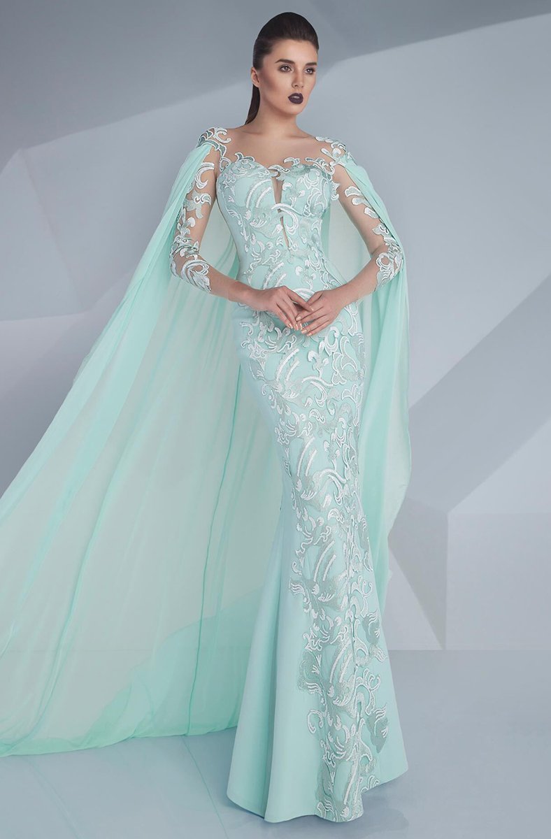 MNM Couture - Embroidered Illusion Cape Gown G0603 in Green