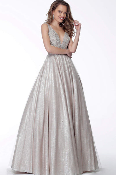 Jovani - 66863 V-Neck and Back Glittered A-line Dress In Gray and Silver