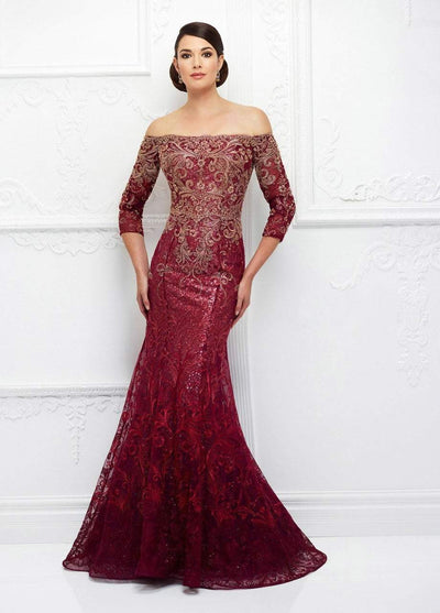 Ivonne D for Mon Cheri - 118D07 Ombre Sequined Tulle Lace Gown In Red and Gold
