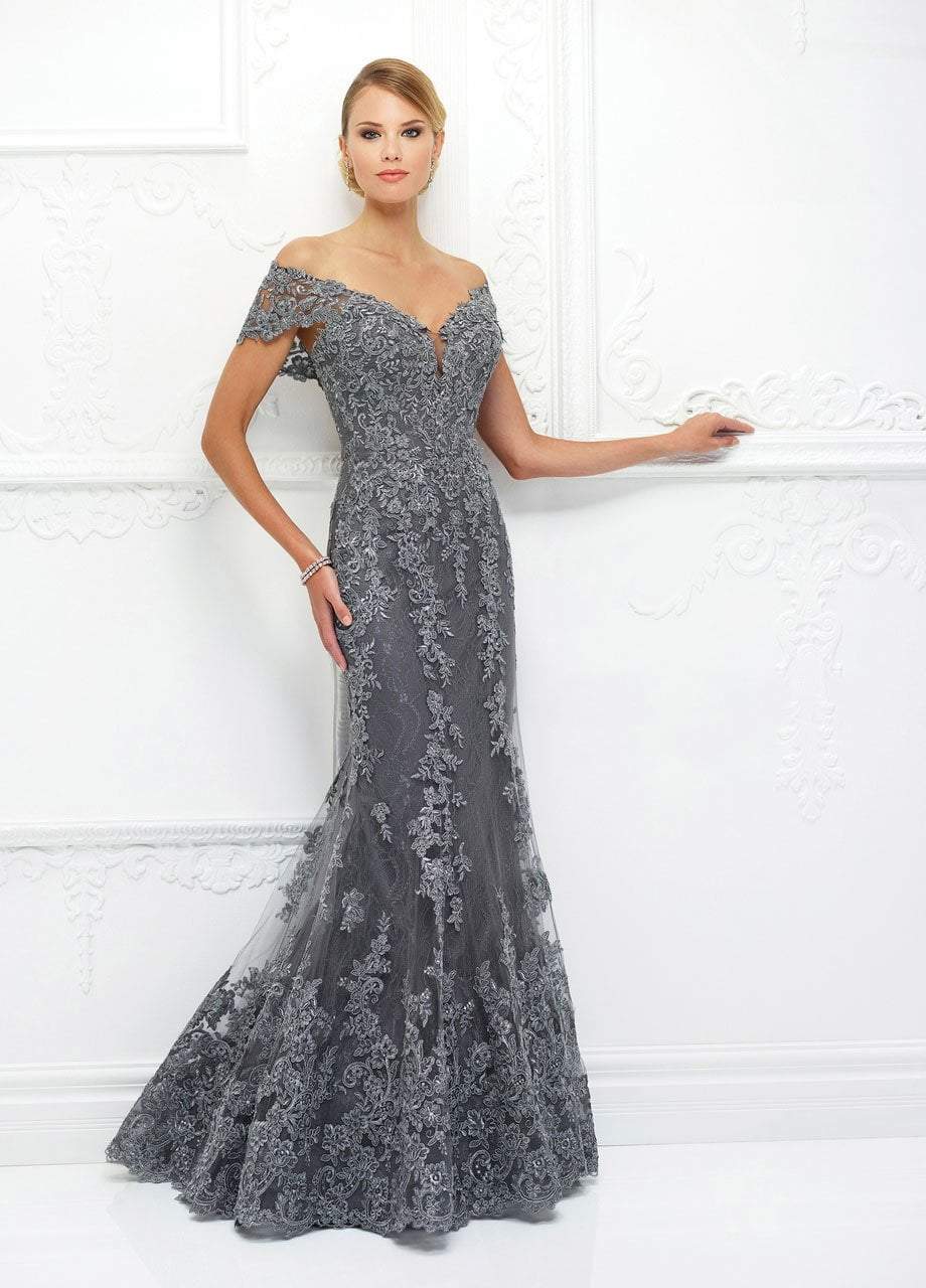 Mon Cheri Lace Applique Plunging Trumpet Dress 118D12 - 1 pc Pewter In Size 8 Available In Pewter