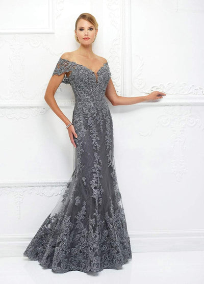 Mon Cheri Lace Applique Plunging Trumpet Dress 118D12 - 1 pc Pewter In Size 8 Available In Pewter
