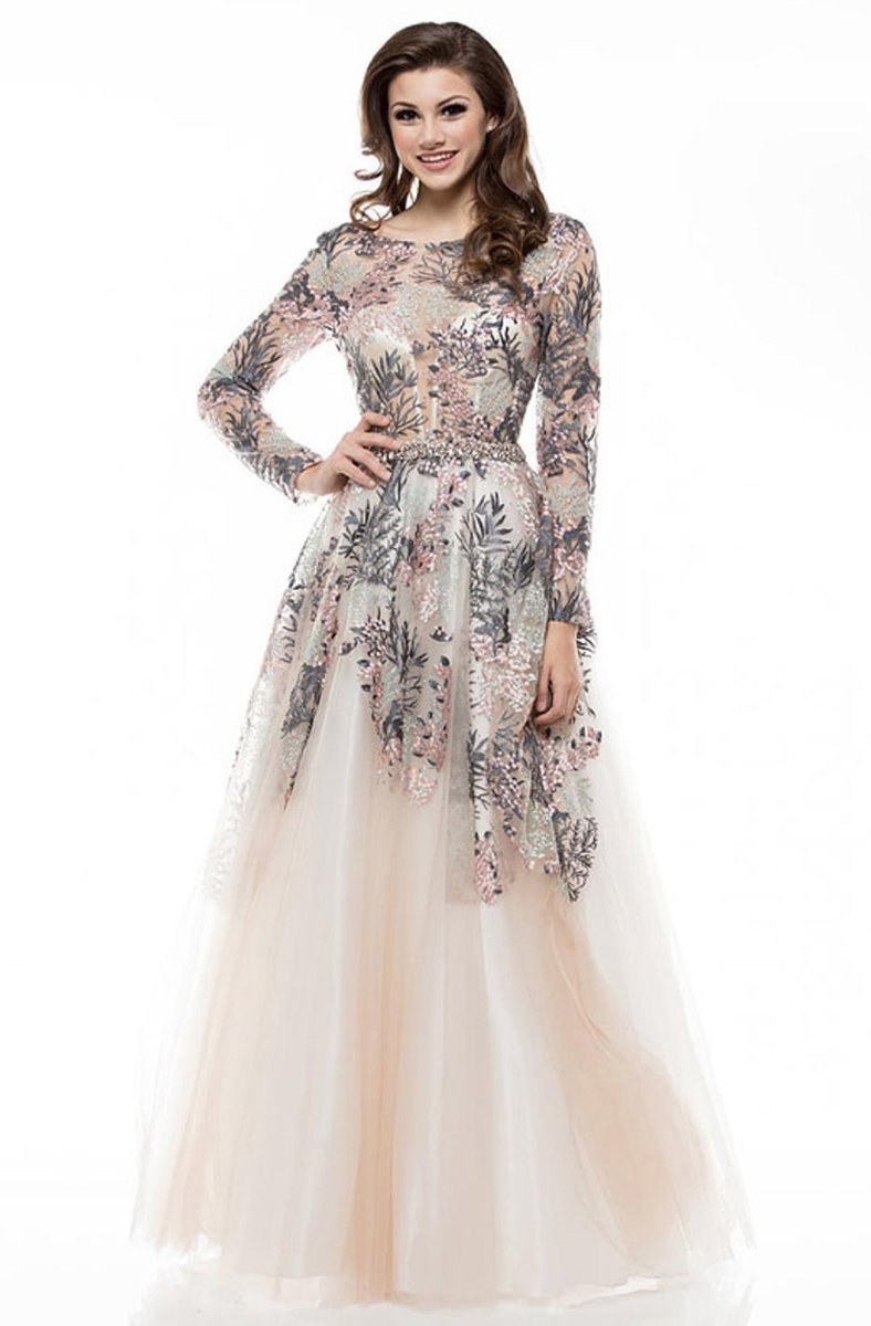 Colors Couture - J034SL Embellished Long Sleeve A-line Dress In Neutral and Multi-Color