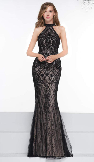 Colors Couture - J081 Lace High Halter Trumpet Dress With Overskirt In Black and Neutral