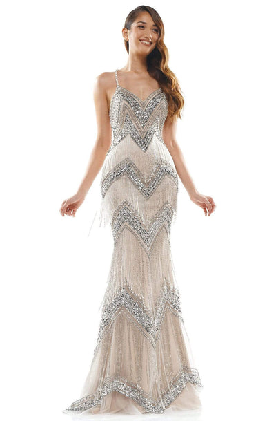 Colors Couture - J118 Embedded Sweetheart Column Dress In Silver and Neutral