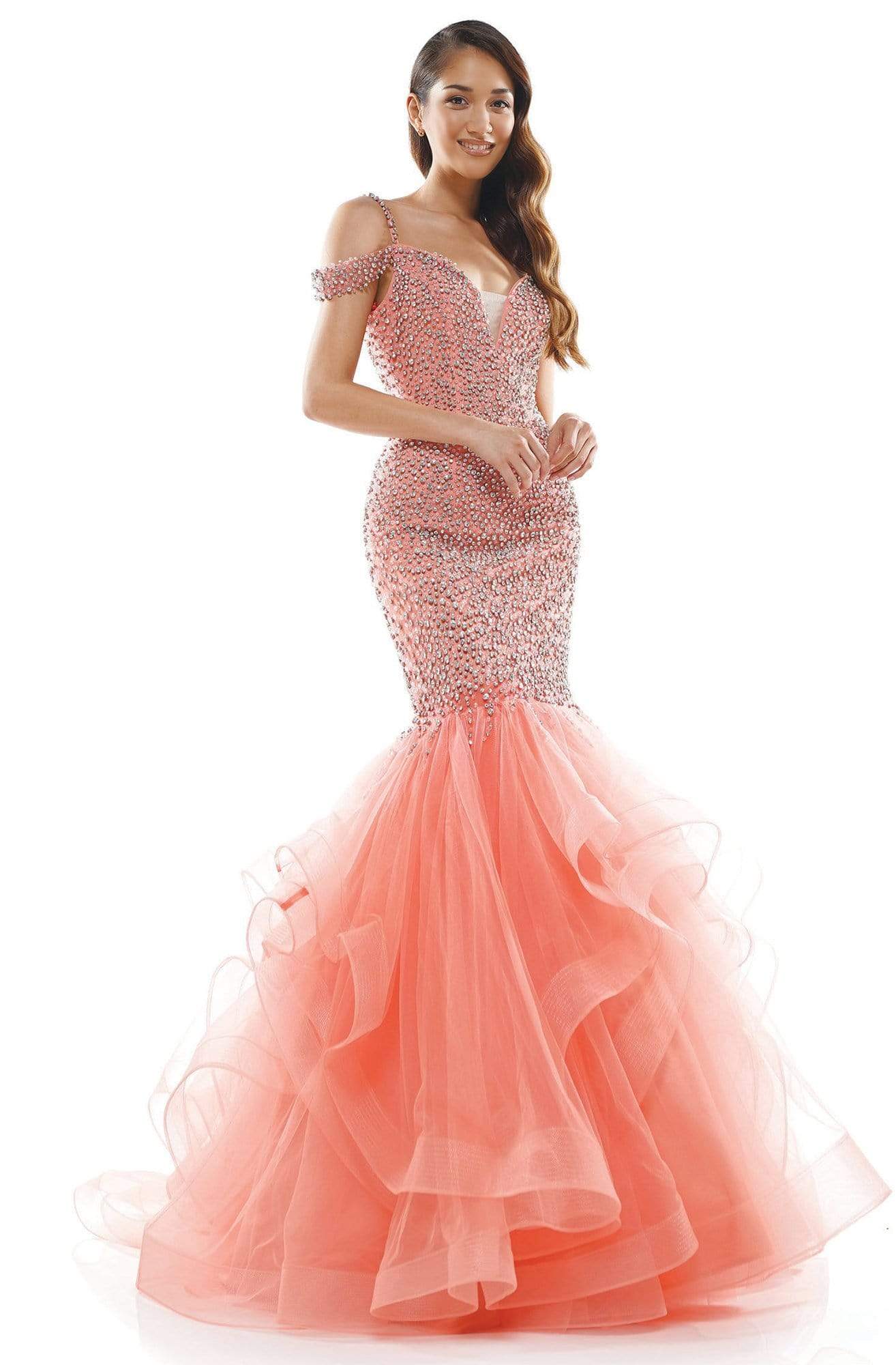 Colors Couture - J126 Off-Shoulder Beaded Mermaid Dress In Pink