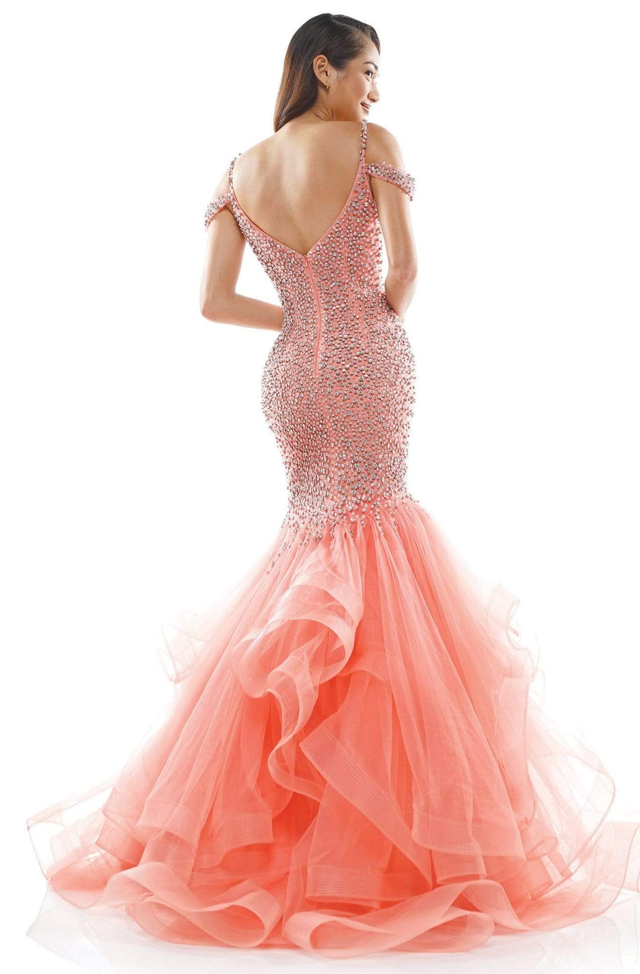 Colors Couture - J126 Off-Shoulder Beaded Mermaid Dress In Pink