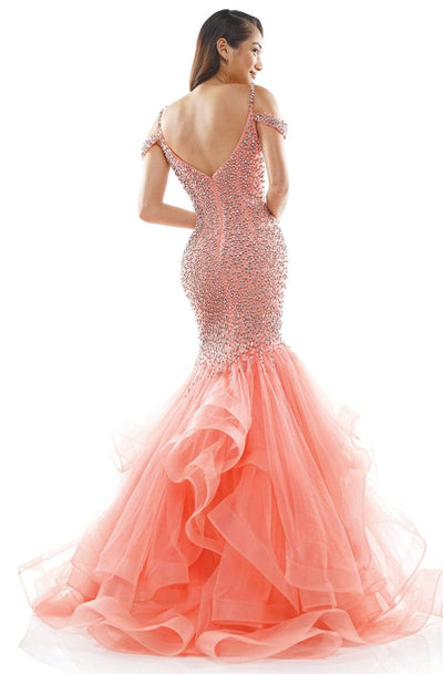 Colors Couture - J126 Off-Shoulder Beaded Mermaid Dress In Pink