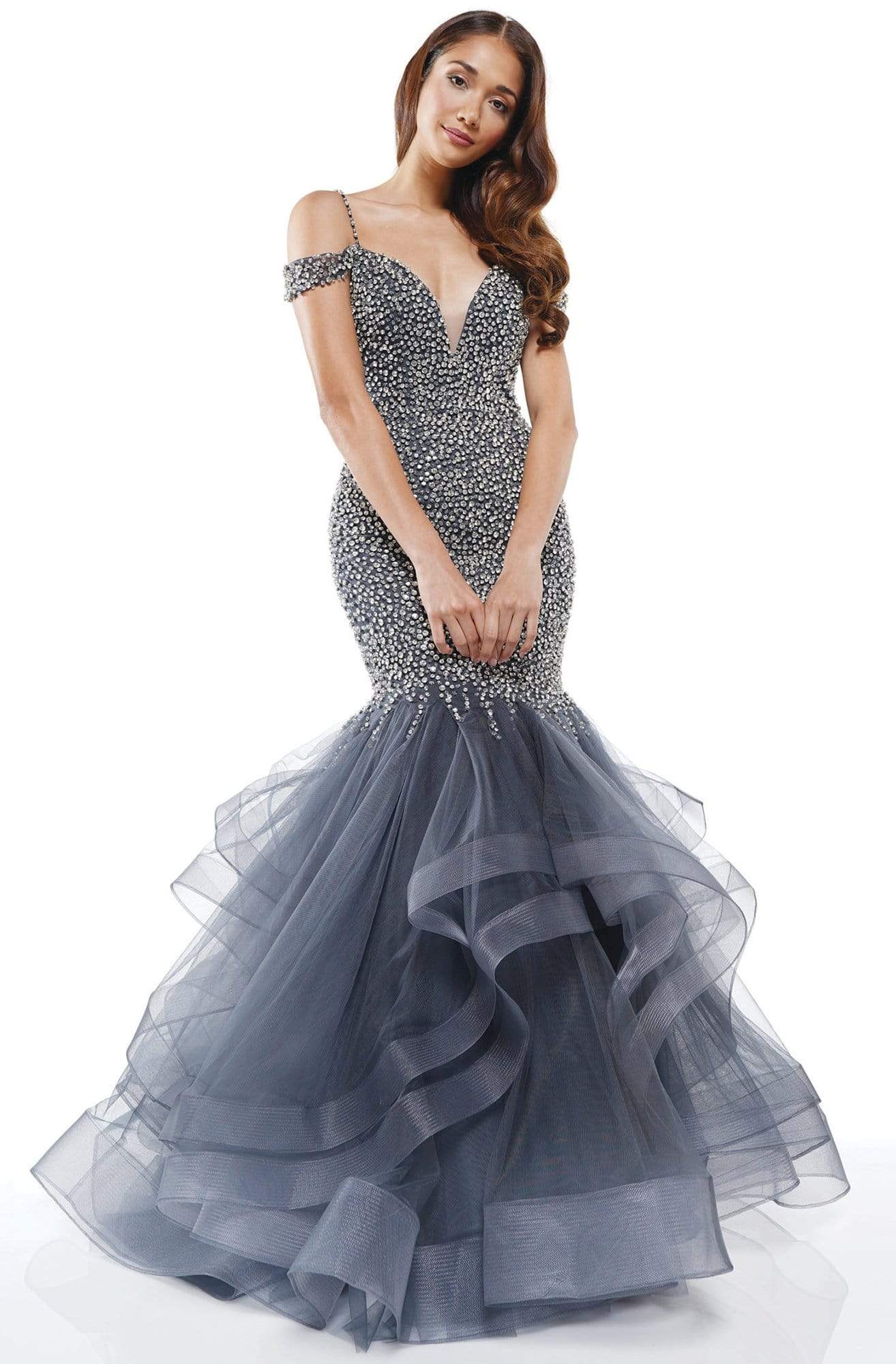 Colors Couture - J126 Off-Shoulder Beaded Mermaid Dress In Gray