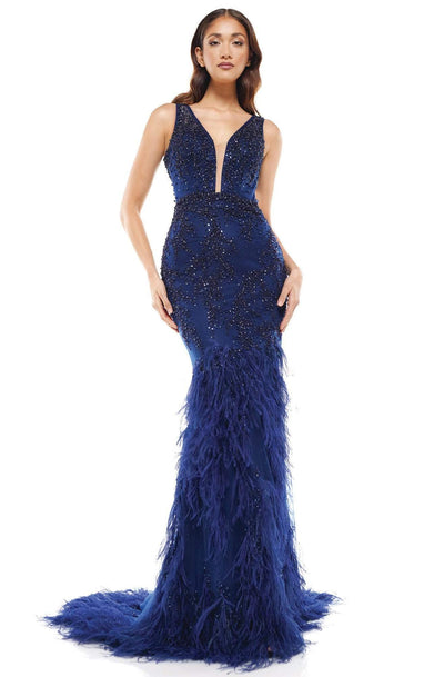Colors Couture - J129 Embellished and Feathered Trumpet Dress In Blue