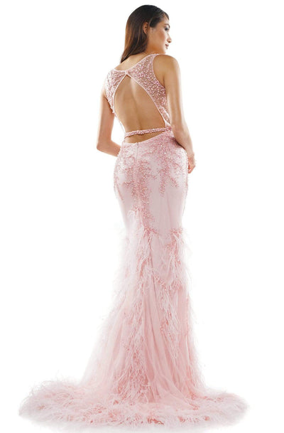 Colors Couture - J129 Embellished and Feathered Trumpet Dress In Pink
