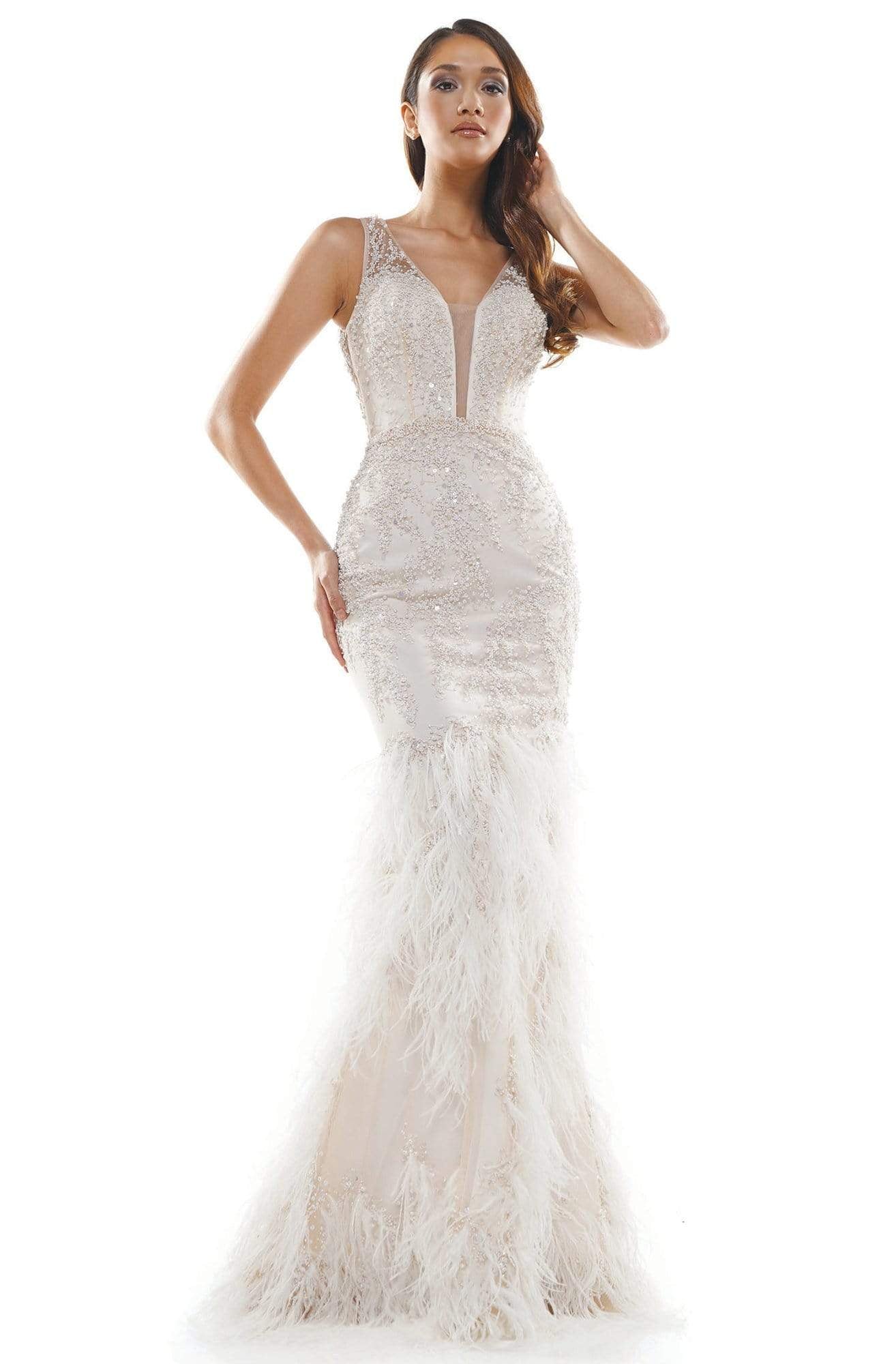Colors Couture - J129 Embellished and Feathered Trumpet Dress In White