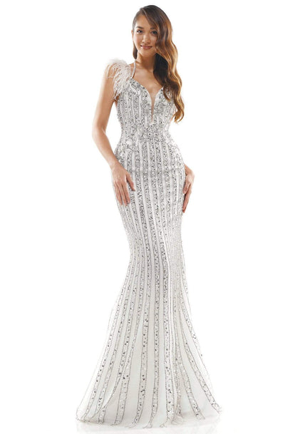 Colors Couture - J133 Feathered Sleeve Long Trumpet Dress In White