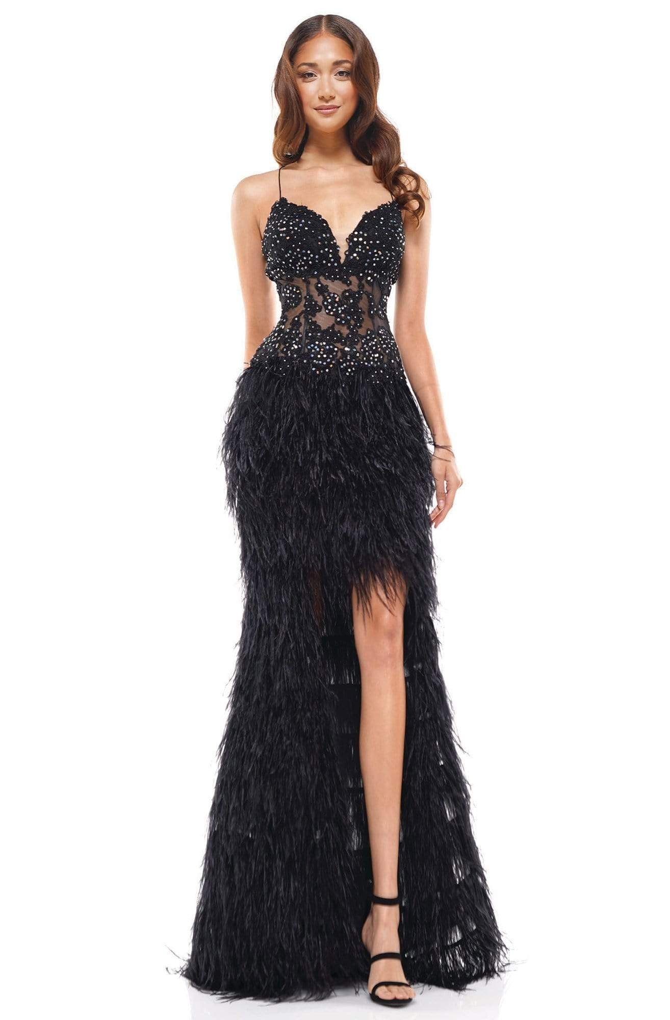 Colors Couture - J134 Feathered High Low Column Dress In Black