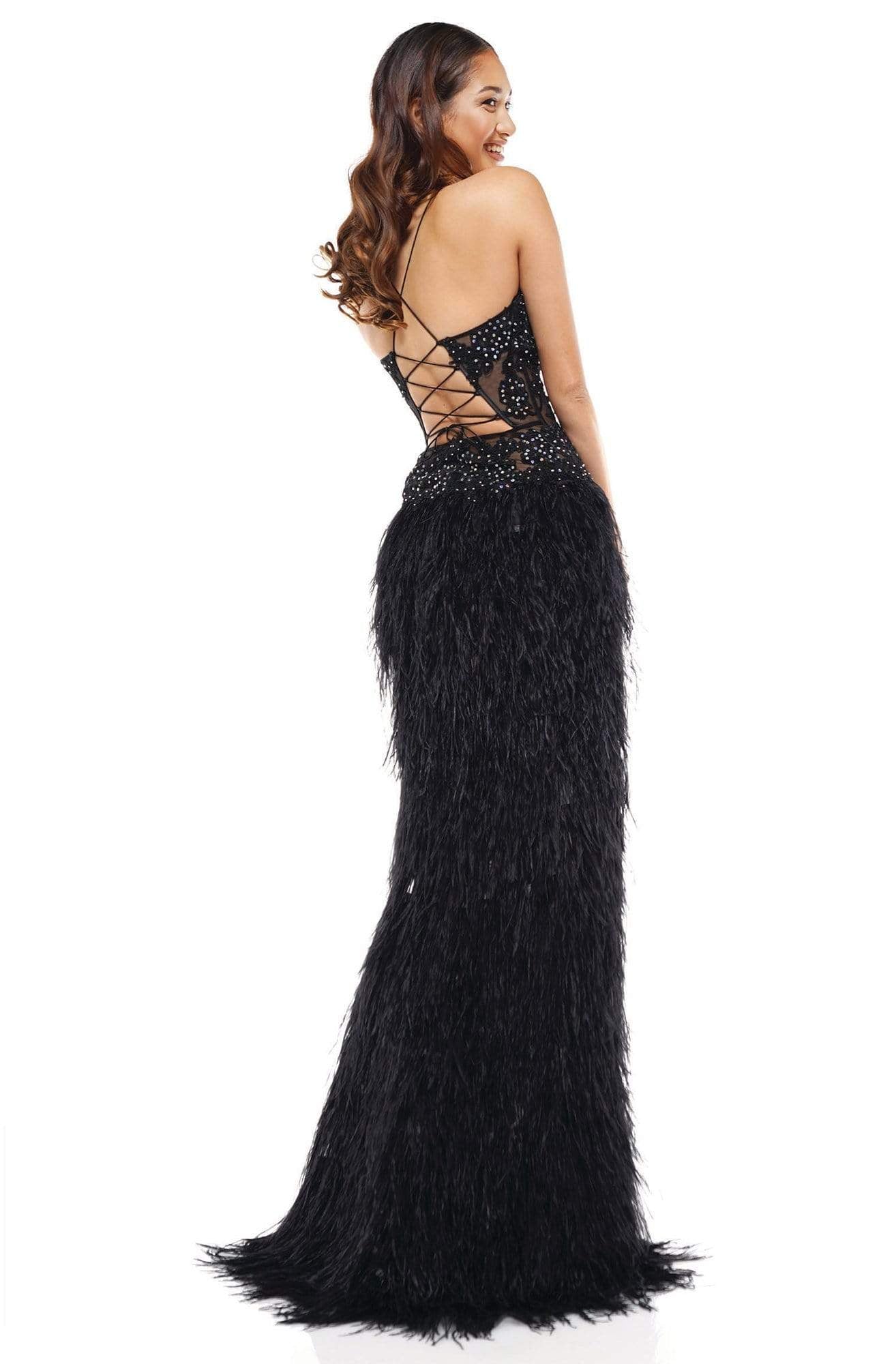 Colors Couture - J134 Feathered High Low Column Dress In Black