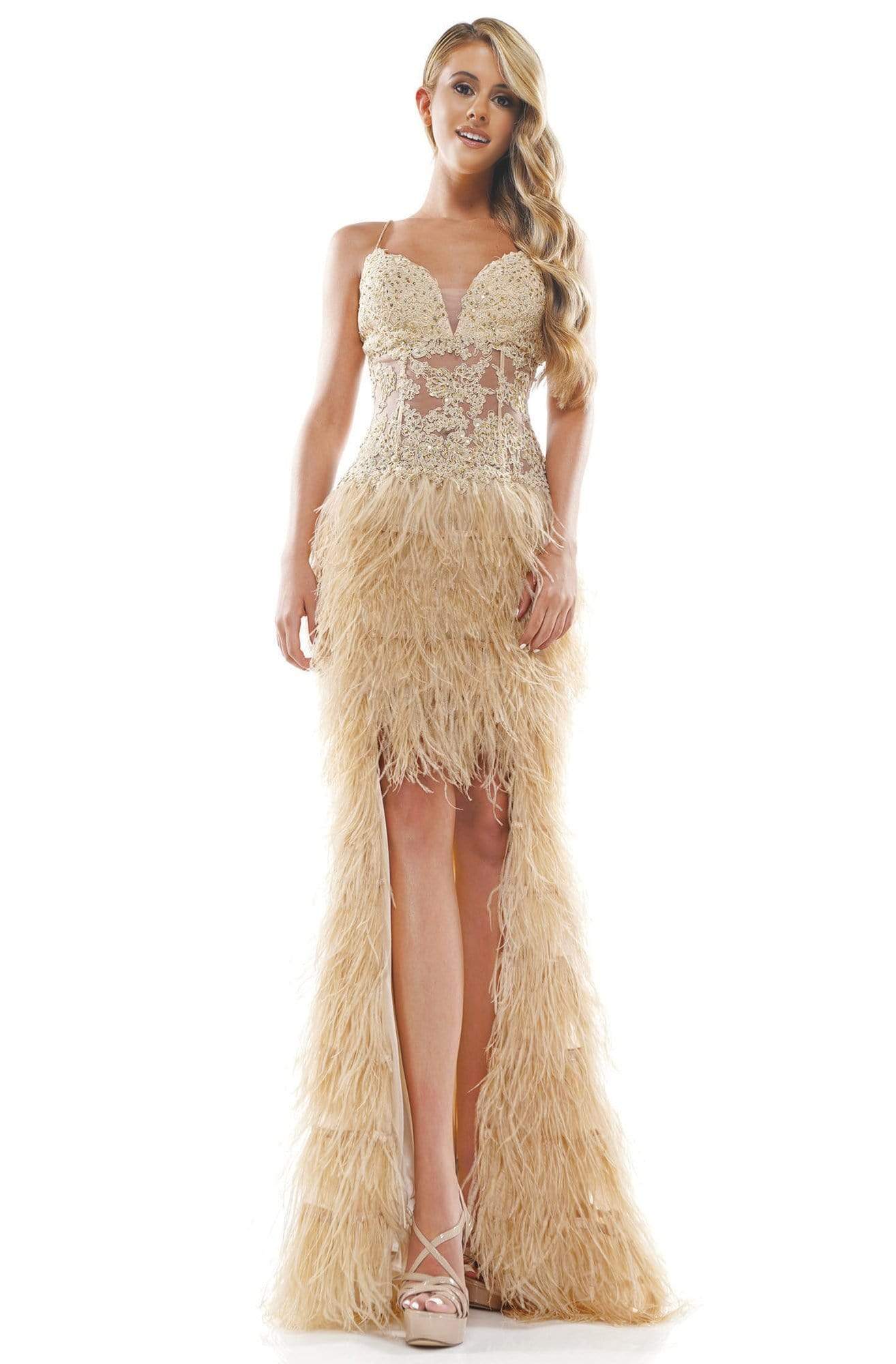 Colors Couture - J134 Feathered High Low Column Dress In Neutral