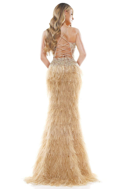 Colors Couture - J134 Feathered High Low Column Dress In Neutral