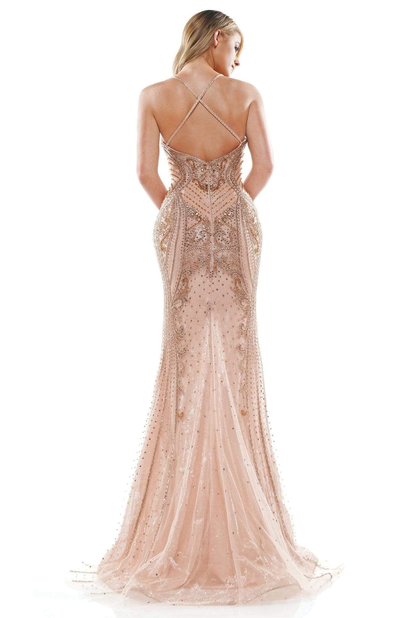 Colors Couture - J137 Plunging Neckline Beaded Trumpet Dress In Pink and Gold