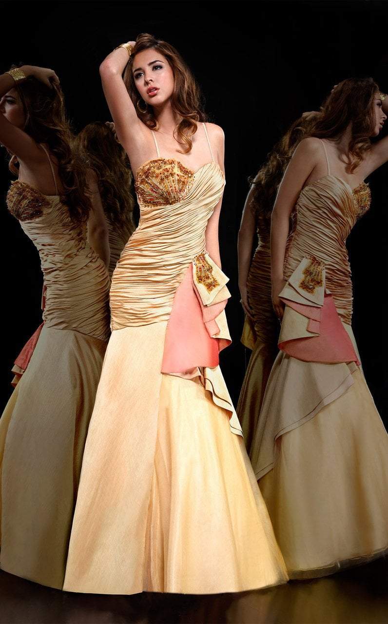 MNM Couture - JD006 Bedazzled Ruched Mermaid Dress in Gold