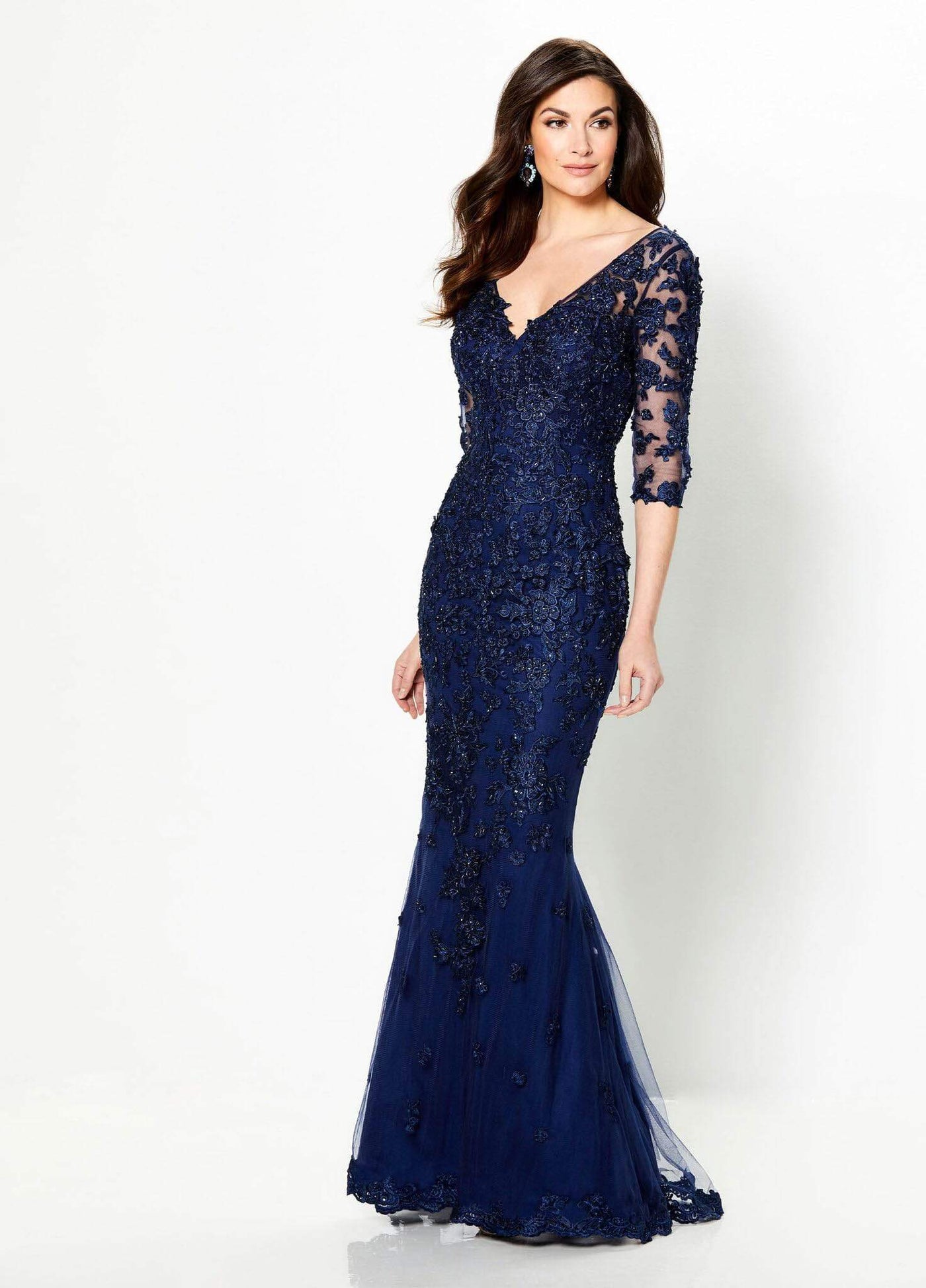 Montage by Mon Cheri - 219982 Lace Appliqued V-Neck Sheath Dress Special Occasion Dress 4 / Navy
