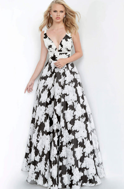 Jovani - JVN00825 Printed Deep V-neck A-line Dress In Black and White