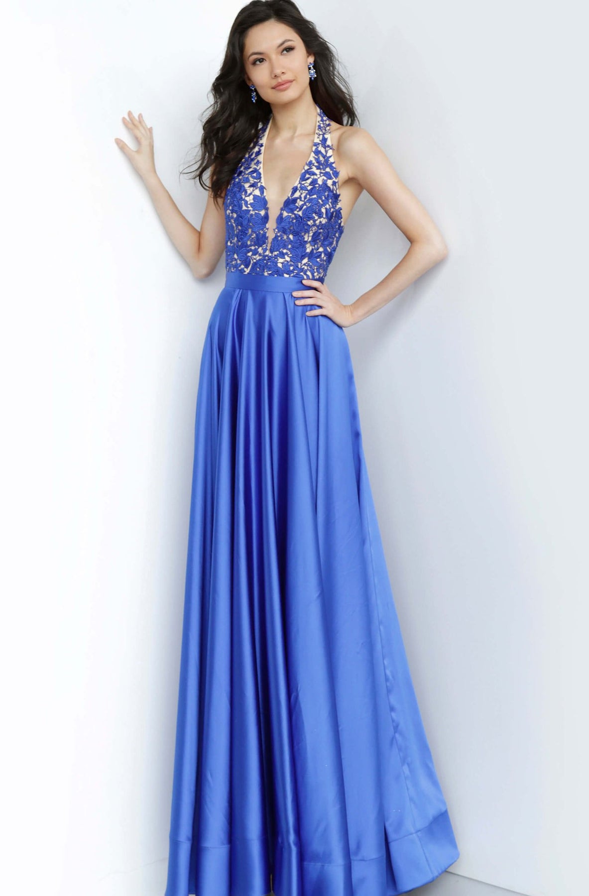 Jovani - JVN00927 Lace Deep Halter V-neck A-line Gown In Blue