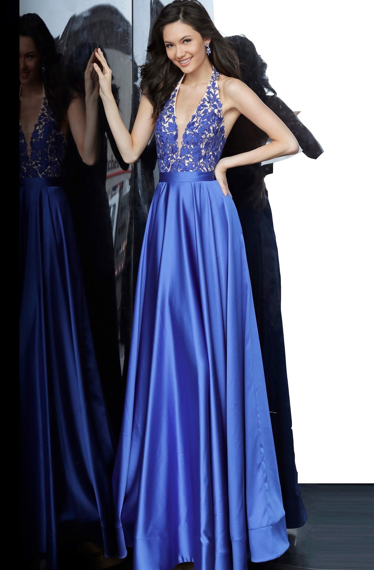 Jovani - JVN00927 Lace Deep Halter V-neck A-line Gown In Blue