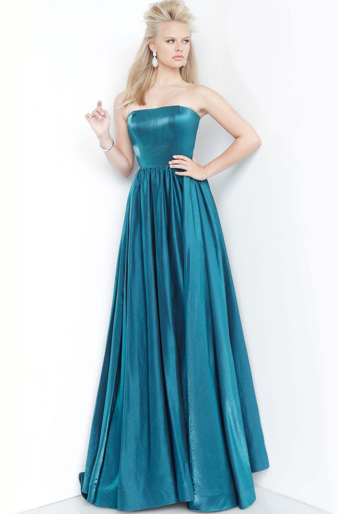 Jovani - JVN00969 Straight Across Pleated Gown In Blue and Green