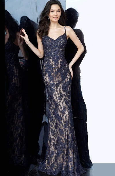 Jovani - JVN02013 Lace V-neck Fitted Dress With Train Evening Dresses
