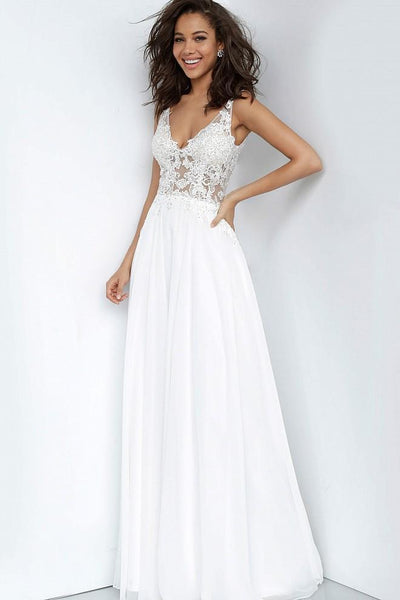 Jovani - Embroidered Plunging V-neck A-line Evening Dress JVN02308SC In White