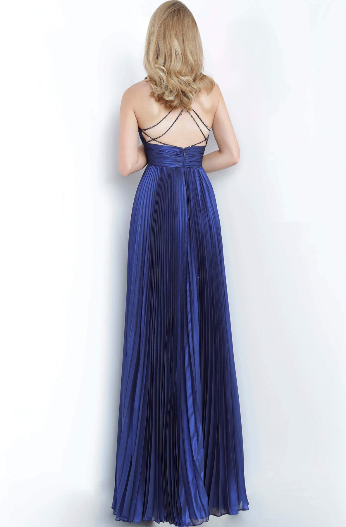 Jovani - JVN03061 Plunging Bodice Pleat-Ornate A-Line Gown In Blue