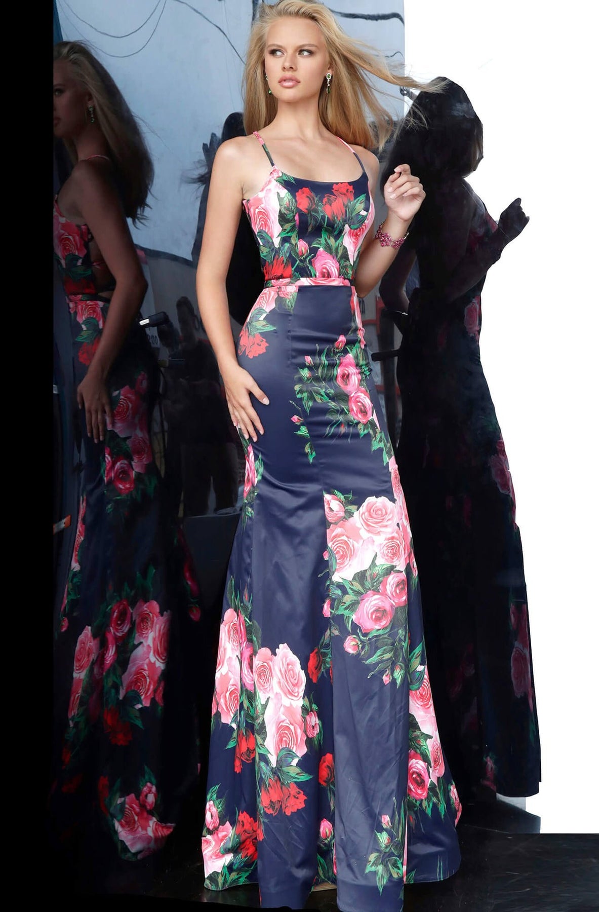 Jovani - JVN1110 Floral Print Square Trumpet Gown In Blue and Print