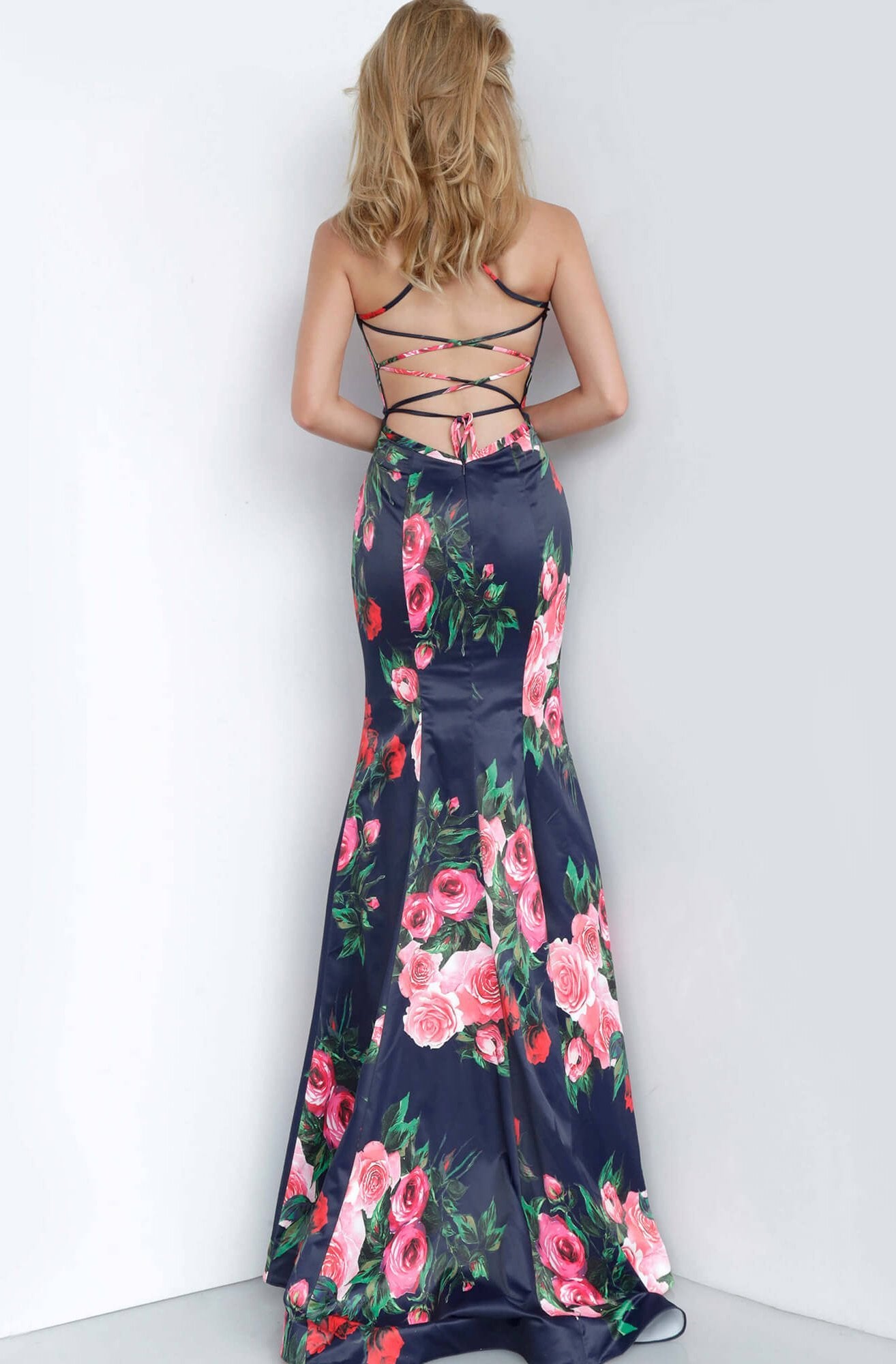 Jovani - JVN1110 Floral Print Square Trumpet Gown In Blue and Print