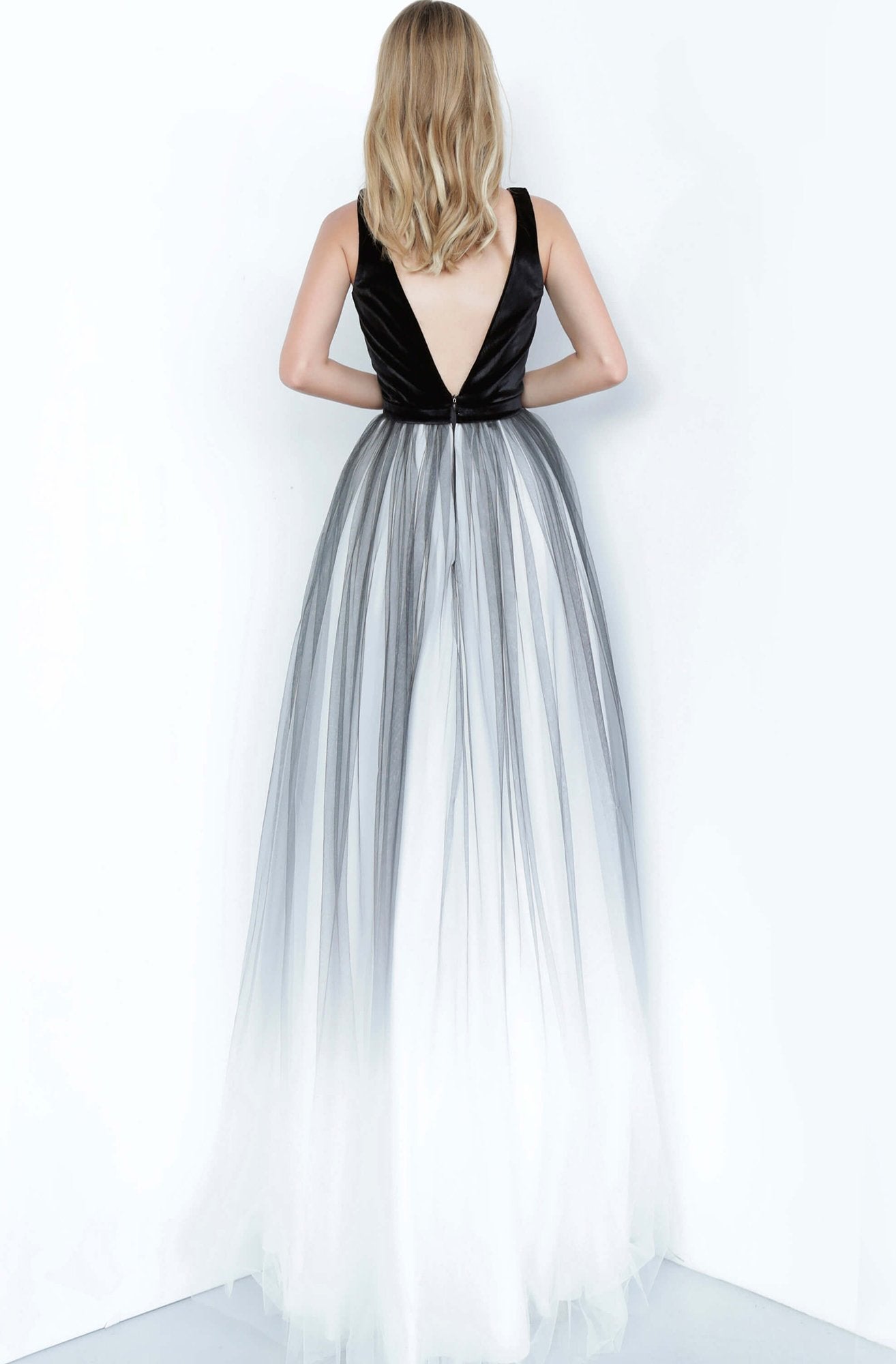 Jovani - JVN2060 Sleeveless Deep V-neck Ballgown In Black and White