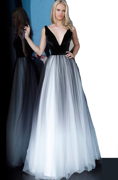 Jovani - JVN2060 Sleeveless Deep V-neck Ballgown In Black and White