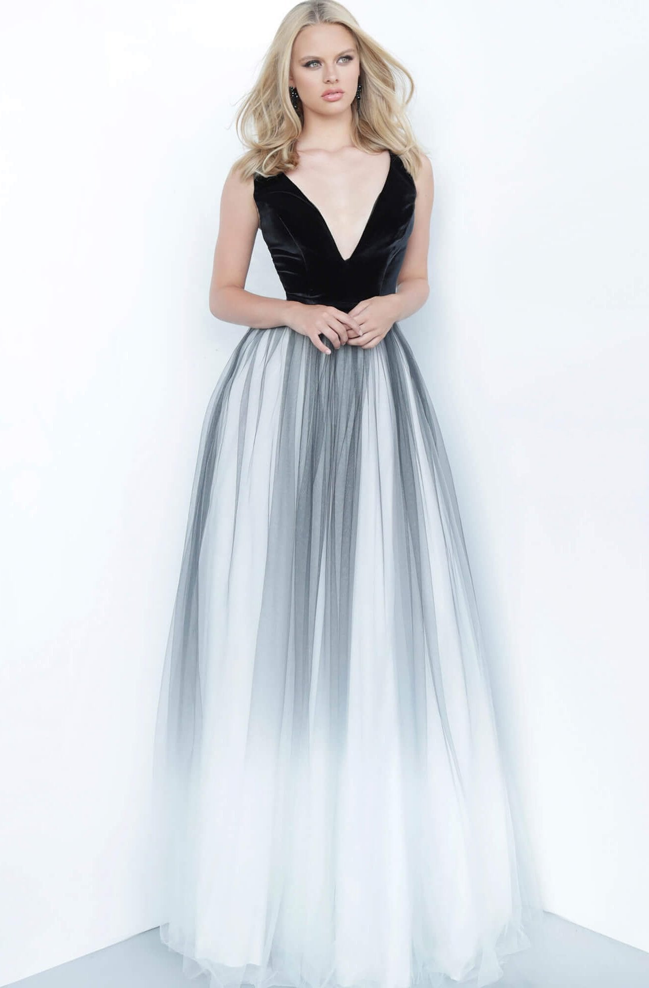 Jovani - JVN2060 Sleeveless Deep V-neck Ballgown In Black and White