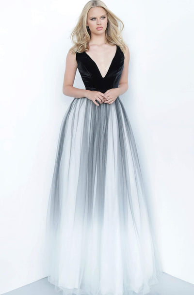 Jovani - JVN2060 Sleeveless Deep V-neck Ballgown In Black and White
